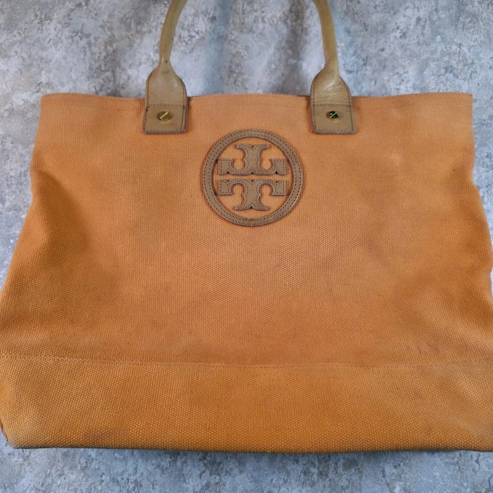 Tory Burch Rustic Fall Pumpkin Orange Canvas Leather Large Tote Bag Floral Lined